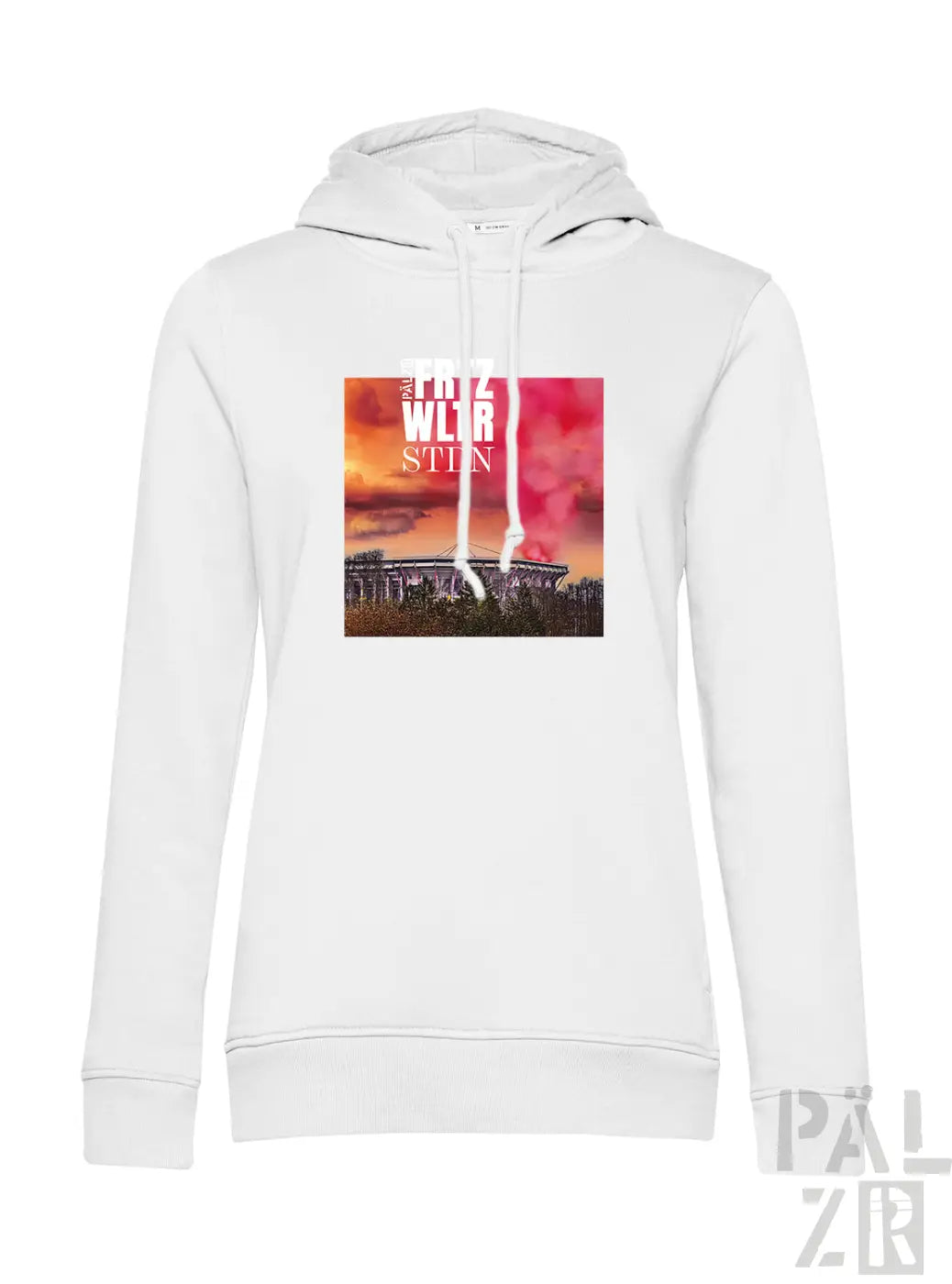 Weißer frauen hoodie aus baumwolle mit quadratischem stadion sunset print und text fritz wlr stin