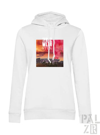 Weißer frauen hoodie aus baumwolle mit quadratischem stadion sunset print und text fritz wlr stin