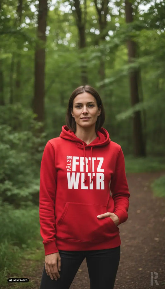 Eine rote frauen hoodie von frtz wltr mit auffälliger weißer schrift auf der brust in verschiedenen farben