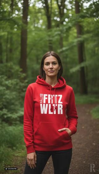 Eine rote frauen hoodie von frtz wltr mit auffälliger weißer schrift auf der brust in verschiedenen farben