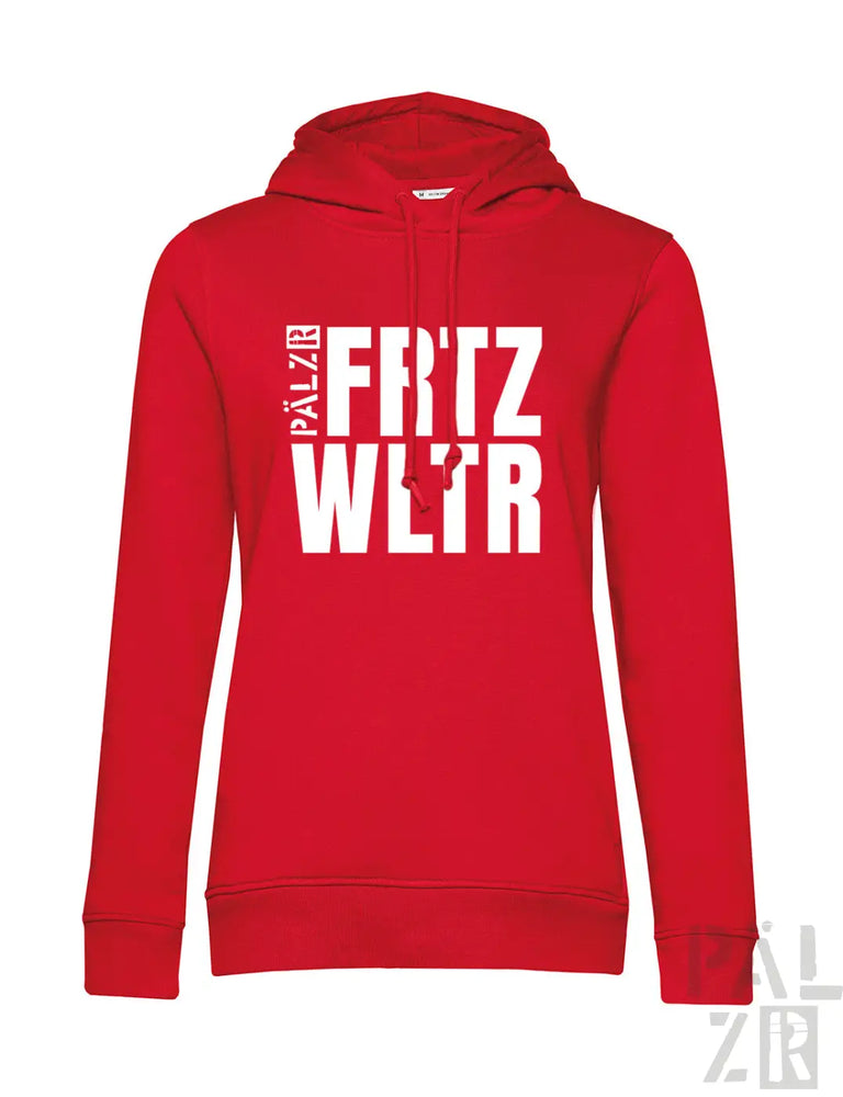 Frohen rote damen hoodie mit mutigem weißem schriftzug fritz wltr und kleinem vertikalem text in verschiedenen farben