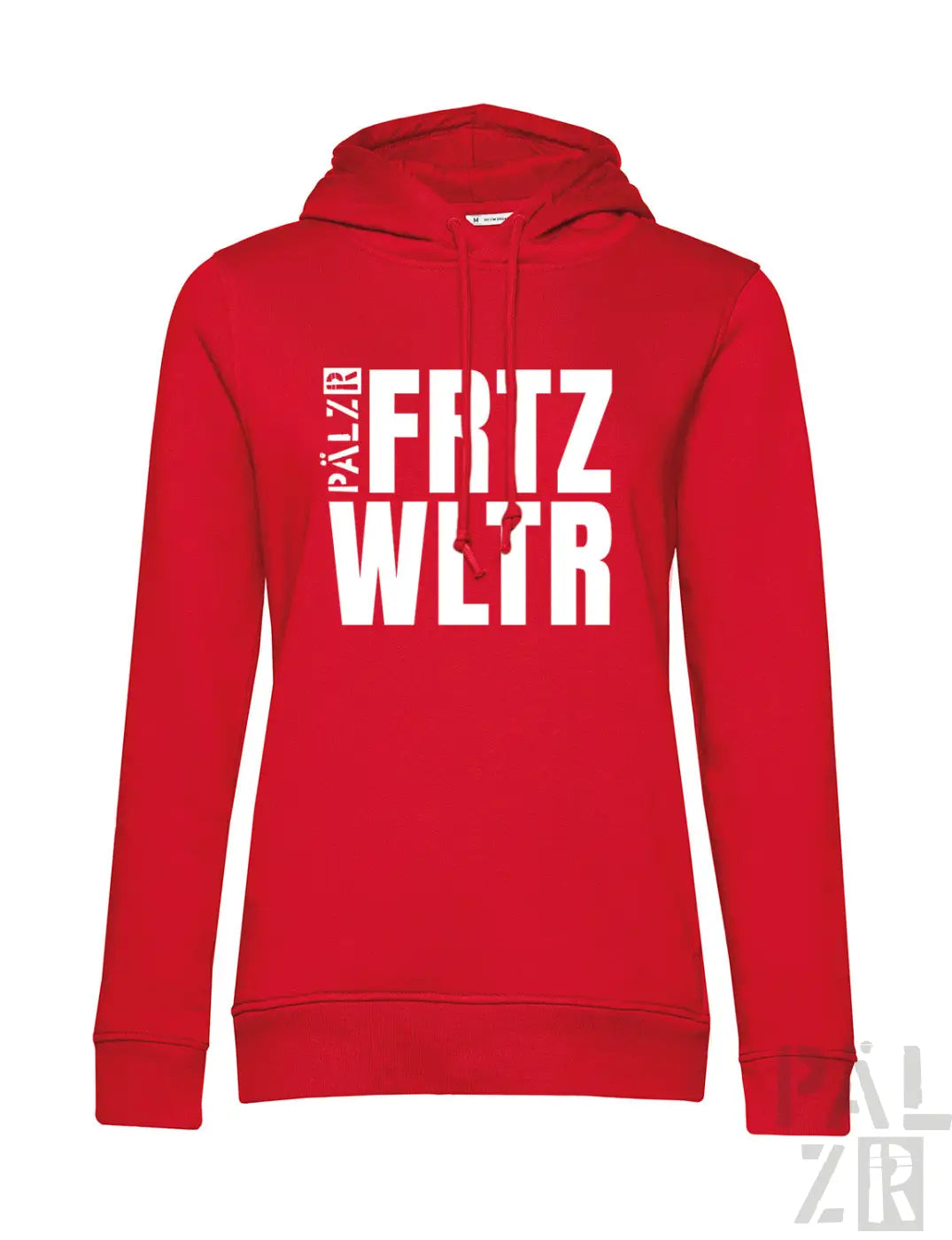 Frohen rote damen hoodie mit mutigem weißem schriftzug fritz wltr und kleinem vertikalem text in verschiedenen farben