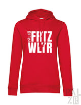 Frohen rote damen hoodie mit mutigem weißem schriftzug fritz wltr und kleinem vertikalem text in verschiedenen farben