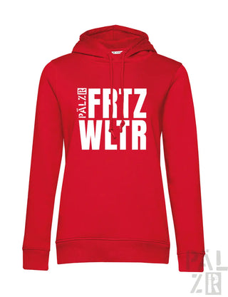 Frohen rote damen hoodie mit mutigem weißem schriftzug fritz wltr und kleinem vertikalem text in verschiedenen farben