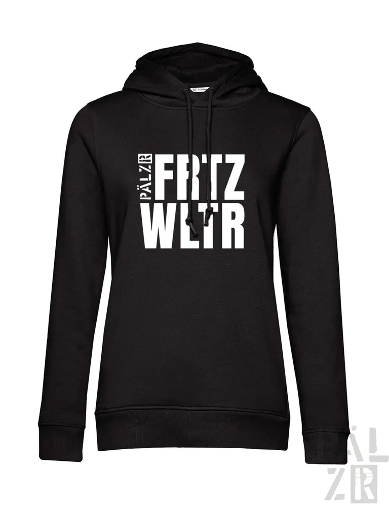 Schwarzer baumwollhoodie mit fettem weißen fritz wltr schriftzug auf der brust für frauen in verschiedenen farben