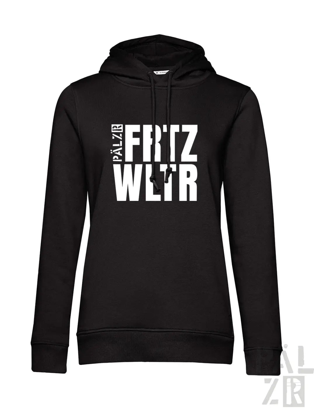 Schwarzer baumwollhoodie mit fettem weißen fritz wltr schriftzug auf der brust für frauen in verschiedenen farben