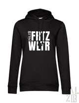 Schwarzer baumwollhoodie mit fettem weißen fritz wltr schriftzug auf der brust für frauen in verschiedenen farben