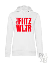 Weißer cotton hoodie frauen mit auffälligem rotem fritz wltr print und vertikalem pälzr schriftzug am brustbereich