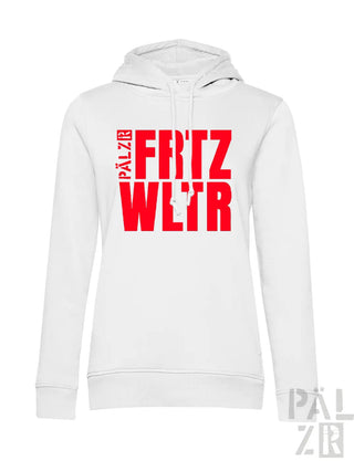 Weißer cotton hoodie frauen mit auffälligem rotem fritz wltr print und vertikalem pälzr schriftzug am brustbereich