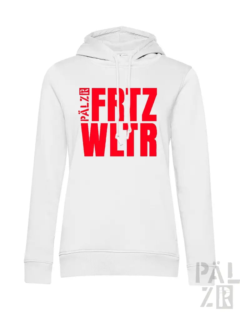 Weiße Kapuzenjacke mit rotem ’fritz wl’tr’ Text und Kapuze.