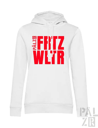 Weiße Kapuzenjacke mit rotem ’fritz wl’tr’ Text und Kapuze.