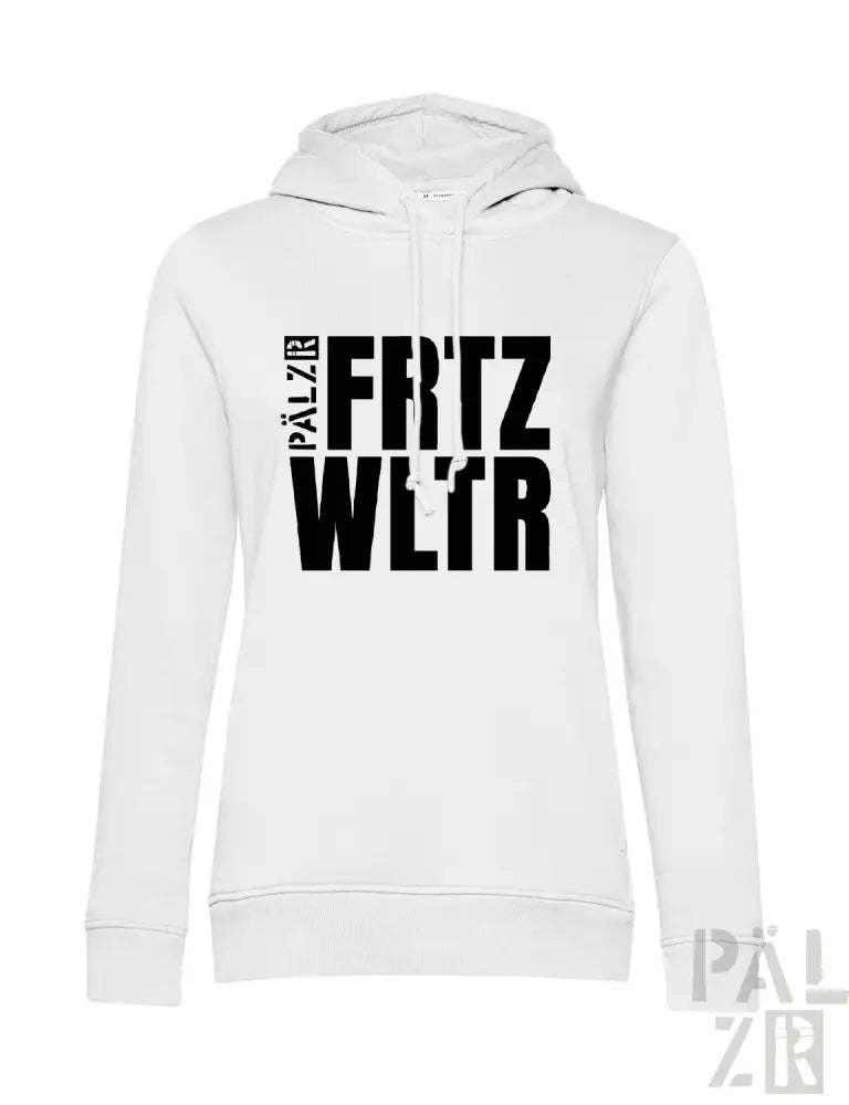Weißes Hoodie mit schwarzem Textdesign mit ’palz8r’ und ’fritz wl’tr.’