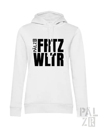 Weißes Hoodie mit schwarzem Textdesign mit ’palz8r’ und ’fritz wl’tr.’