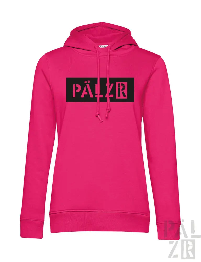 Rosa Hoodie mit schwarzem ’pälzr’-Logo und Kordelzügen.