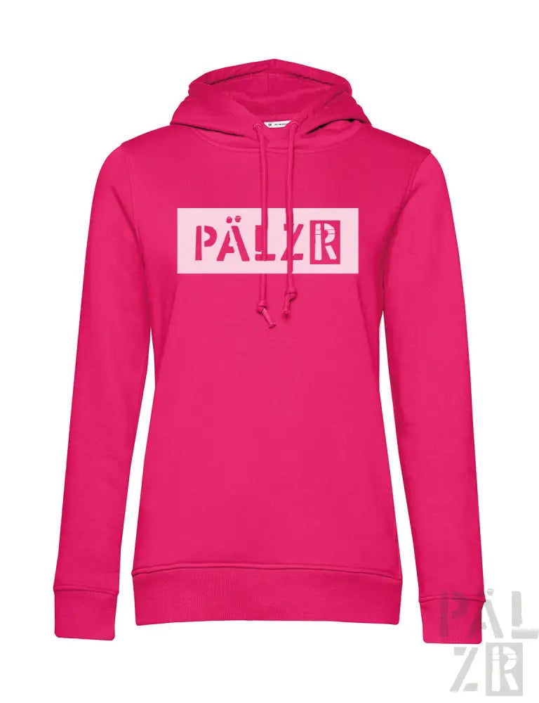 Rosa Hoodie mit ‘pälzr’-Logo in Weiß und Rot, aus Baumwolle gefertigt.