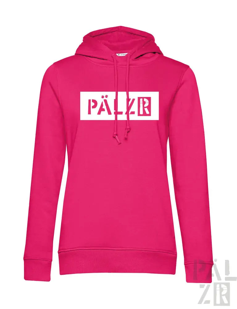 Rosa Hoodie mit ’pälzr’-Logo in Weiß und Rot, Material eines Kapuzen-Sweatshirts.