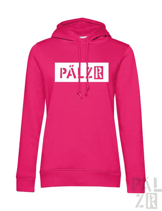 Rosa Hoodie mit ’pälzr’-Logo in Weiß und Rot, Material eines Kapuzen-Sweatshirts.