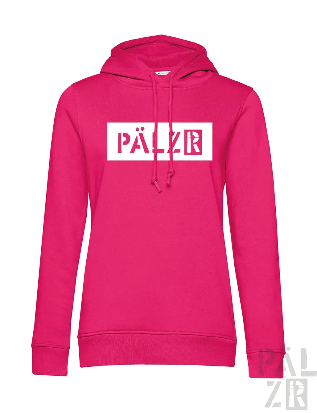 Rosa Hoodie mit ’pälzr’-Logo in Weiß und Rot, Material eines Kapuzen-Sweatshirts.
