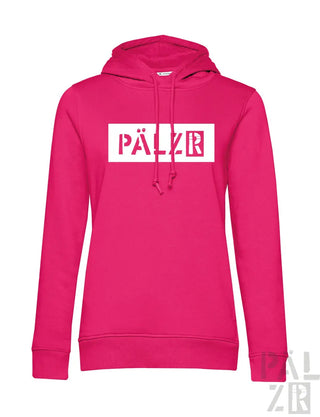 Rosa Hoodie mit ’pälzr’-Logo in Weiß und Rot, Material eines Kapuzen-Sweatshirts.