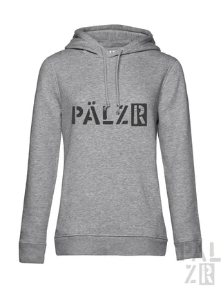 Grauer Hoodie mit ’pälzr’-Logo in Schwarz auf der Vorderseite, Material eines Kapuzen-Sweatshirts.