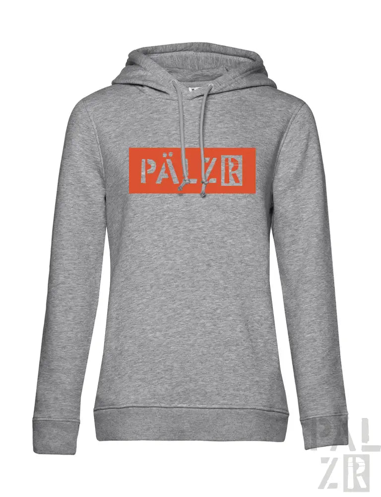 Grauer gemusterter Hoodie mit orange ’pälzr’ Logo-Design.