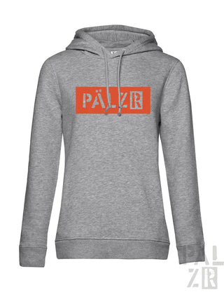 Grauer gemusterter Hoodie mit orange ’pälzr’ Logo-Design.