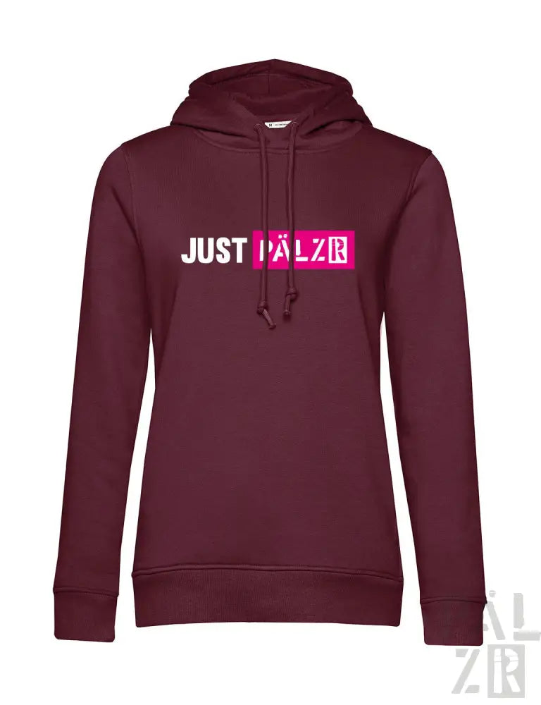 Bordeauxfarbene Kapuzenpullover mit ’just palzr’-Text in Weiß und Pink auf der Vorderseite, aus Kapuzenschweißshirt-Material.