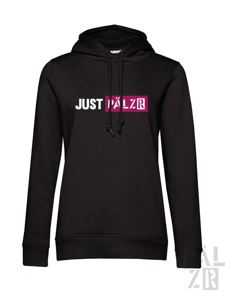 Schwarze Kapuzenjacke mit ’just palzr’ Text in Weiß und Pink auf der Vorderseite, aus Kapuzenschweißstoff.