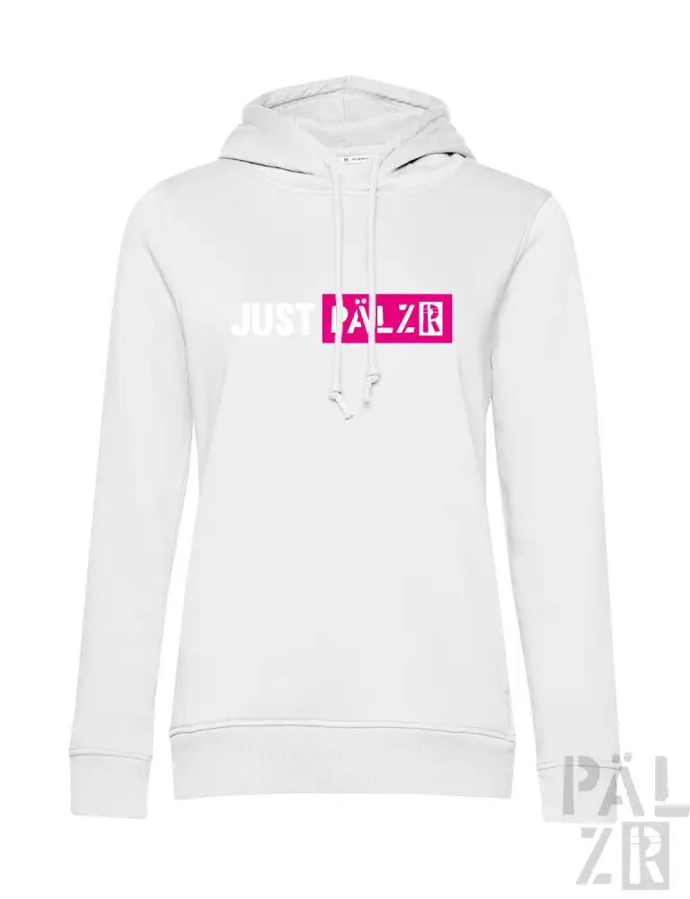 Weißes Hoodie mit ’justalze’-Logo in pink-schwarzem Design, Material wahrscheinlich Baumwolle- oder Polyestermischung.