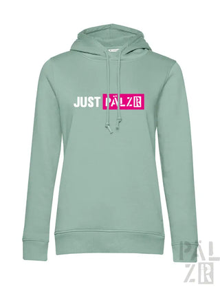 Minzgrüner Hoodie mit pinkem und weißem Grafikdesign, Material eines Kapuzen-Sweatshirts.