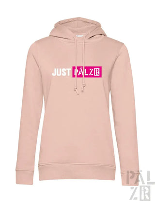Rosa Hoodie mit ’justpalzr’-Logo in Weiß und Magenta, aus weicher Baumwollmischung.