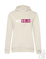 Creme-farbene Hoodie mit ’justpalzr’-Logo in lila und weißem Design.