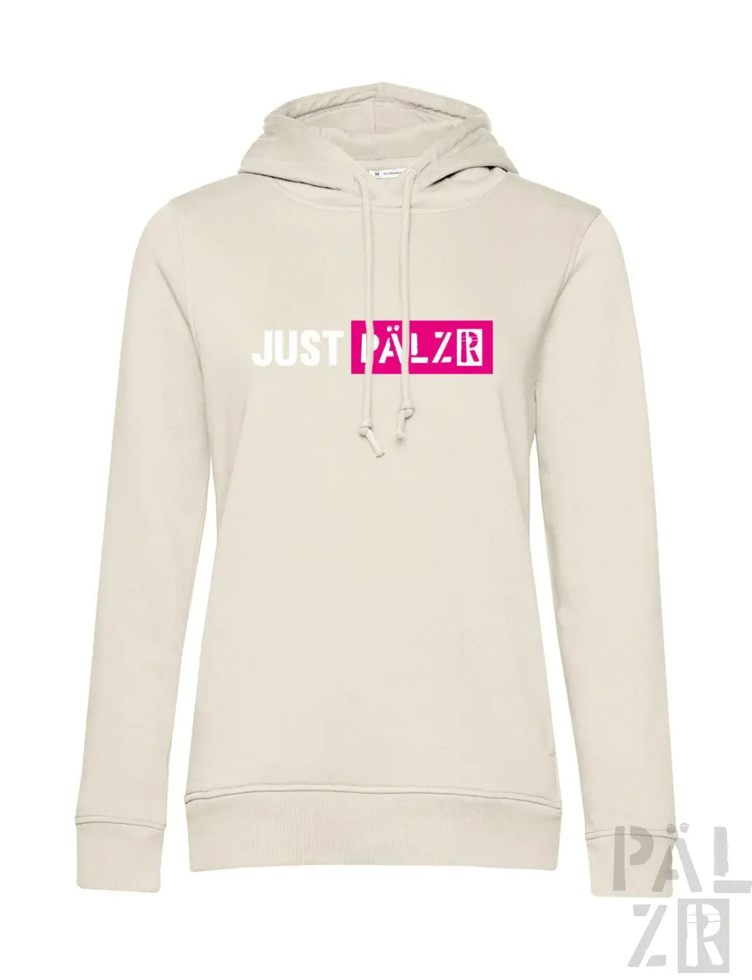 Cremeweiße Kapuzenjacke mit ’justpalze’-Logo in weißem und pinkem Design, mit Kordelzügen.