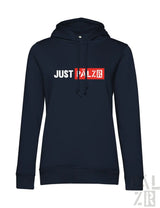 Marineblaue Kapuzenjacke mit ’just falzr’-Grafik in Weiß und Rot auf der Vorderseite, Material aus Kapuzenschweißstoff.