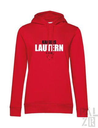 Rotes Hoodie mit weißem Text und Logo-Design, das ’kaiserslautern’ und ein Wappen zeigt.