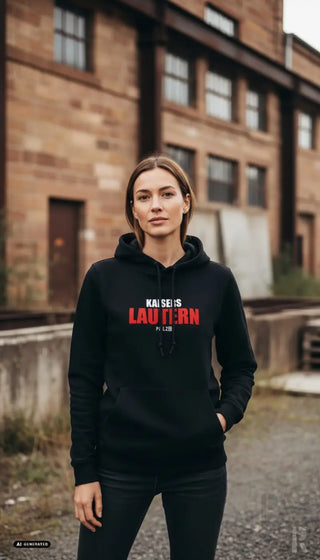 Schwarzer frauen hoodie kaisers lautern mit auffälligem roten und weißen schriftdruck auf der brust