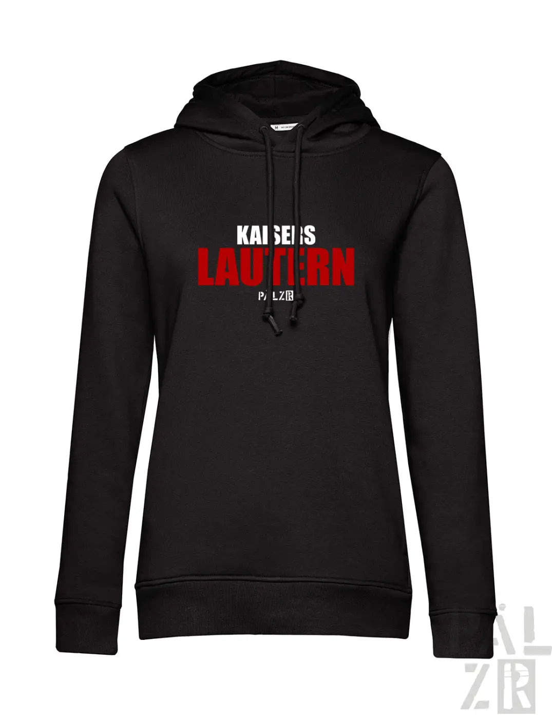 Schwarzer damen hoodie mit kräftigem roten und weißen kaisers lautern schriftzug auf der brust