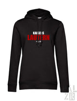 Schwarzer damen hoodie mit kräftigem roten und weißen kaisers lautern schriftzug auf der brust