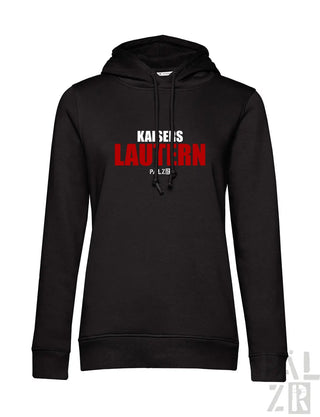 Schwarzer damen hoodie mit kräftigem roten und weißen kaisers lautern schriftzug auf der brust