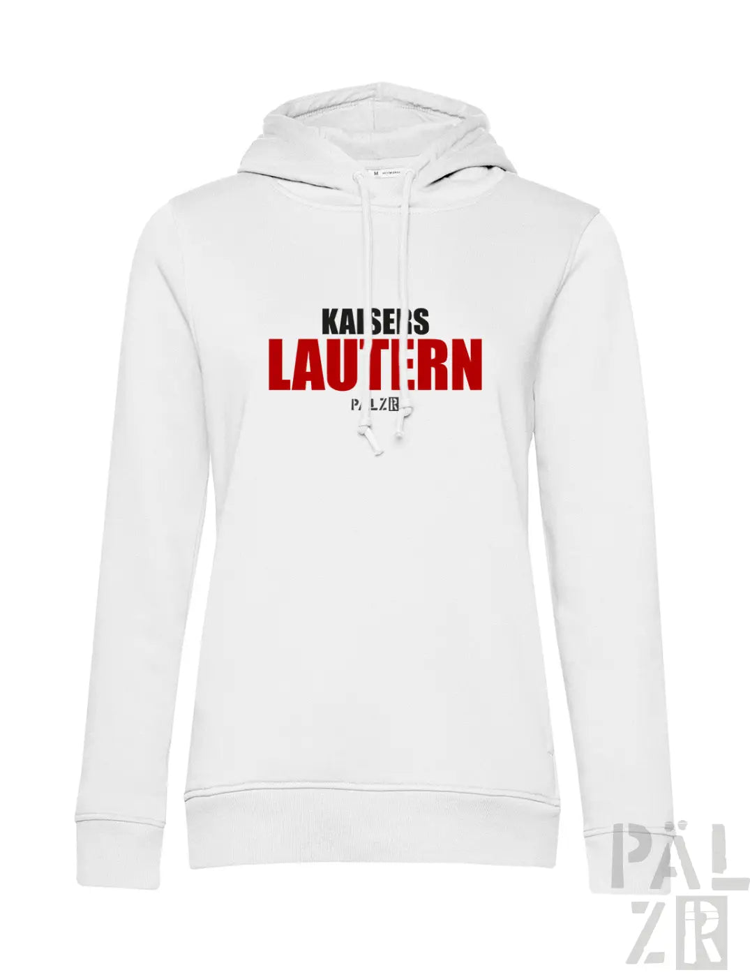 Weißer frauen hooded sweatshirt mit rotem und schwarzem kaisers lautern schriftzug auf der brust