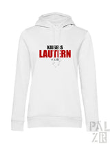Weißer frauen hooded sweatshirt mit rotem und schwarzem kaisers lautern schriftzug auf der brust