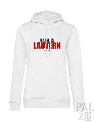 Weißer frauen hooded sweatshirt mit rotem und schwarzem kaisers lautern schriftzug auf der brust