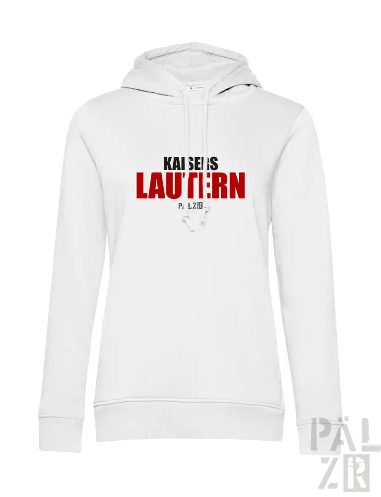 Weiße Hoodie mit rotem Text ’kaisers lautern’ und schwarzem Logo.