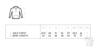 Schwarz-weiße Hoodie mit Half-Zip-Design, Größentabelle auf dem Etikett enthalten.