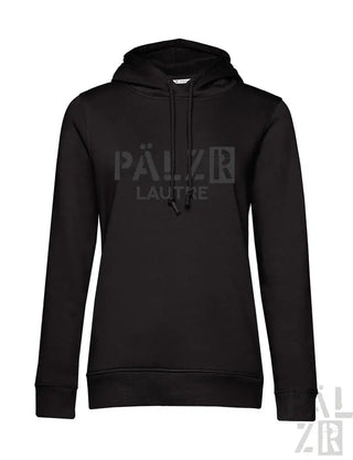 Schwarze Hoodie mit ’pälze lautie’ Logo in Weiß, Material aus Baumwollmischung.