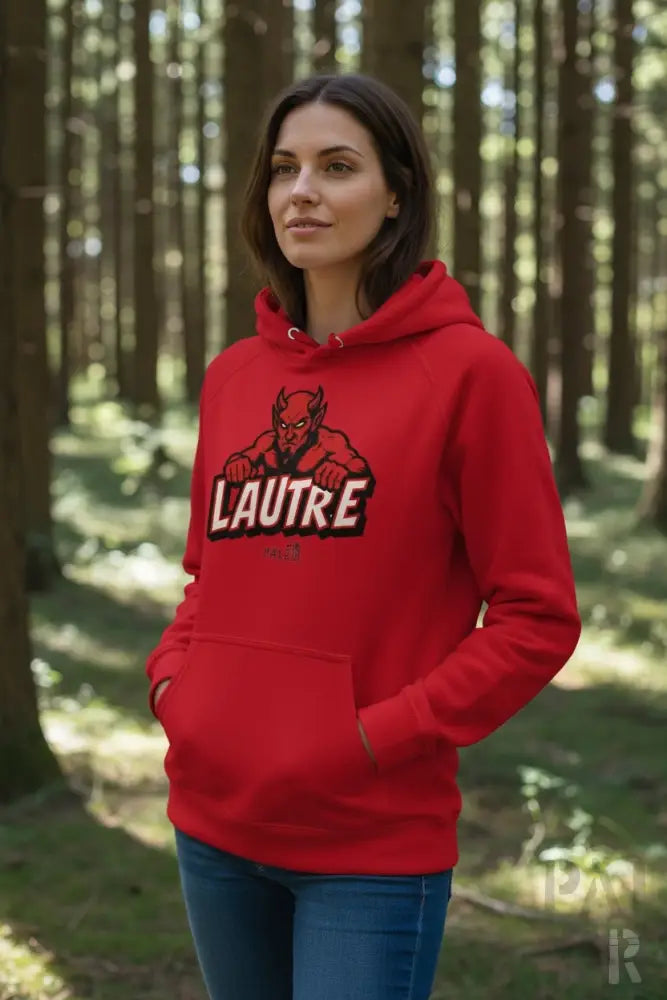 Rote Kapuzenjacke mit Teufel-Design und ’lautre’-Text, aus Fleece-Material.