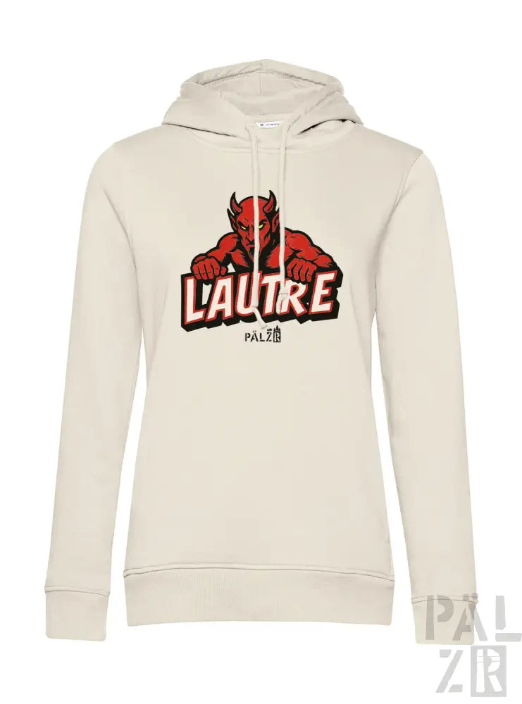Cremeweißer Hoodie mit Teufel-Design und ’l’autre’-Text, aus weichem Baumwollstoff.