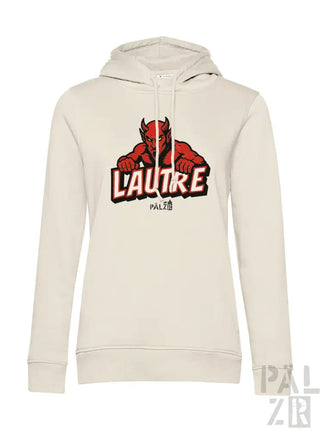Cremeweißer Hoodie mit Teufel-Design und ’l’autre’-Text, aus weichem Baumwollstoff.