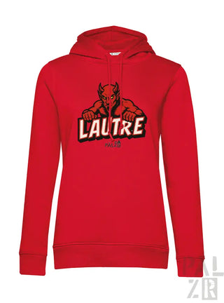 Rote Kapuzenjacke mit Teufel-Design und „lautre“-Text, wahrscheinlich aus Baumwolle oder Polyester-Mischung gefertigt.