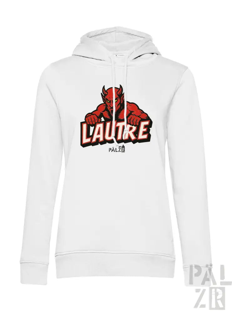 Weiße Kapuzenjacke mit rotem Teufel-Design und ’l’autre’-Text, aus Baumwolle.